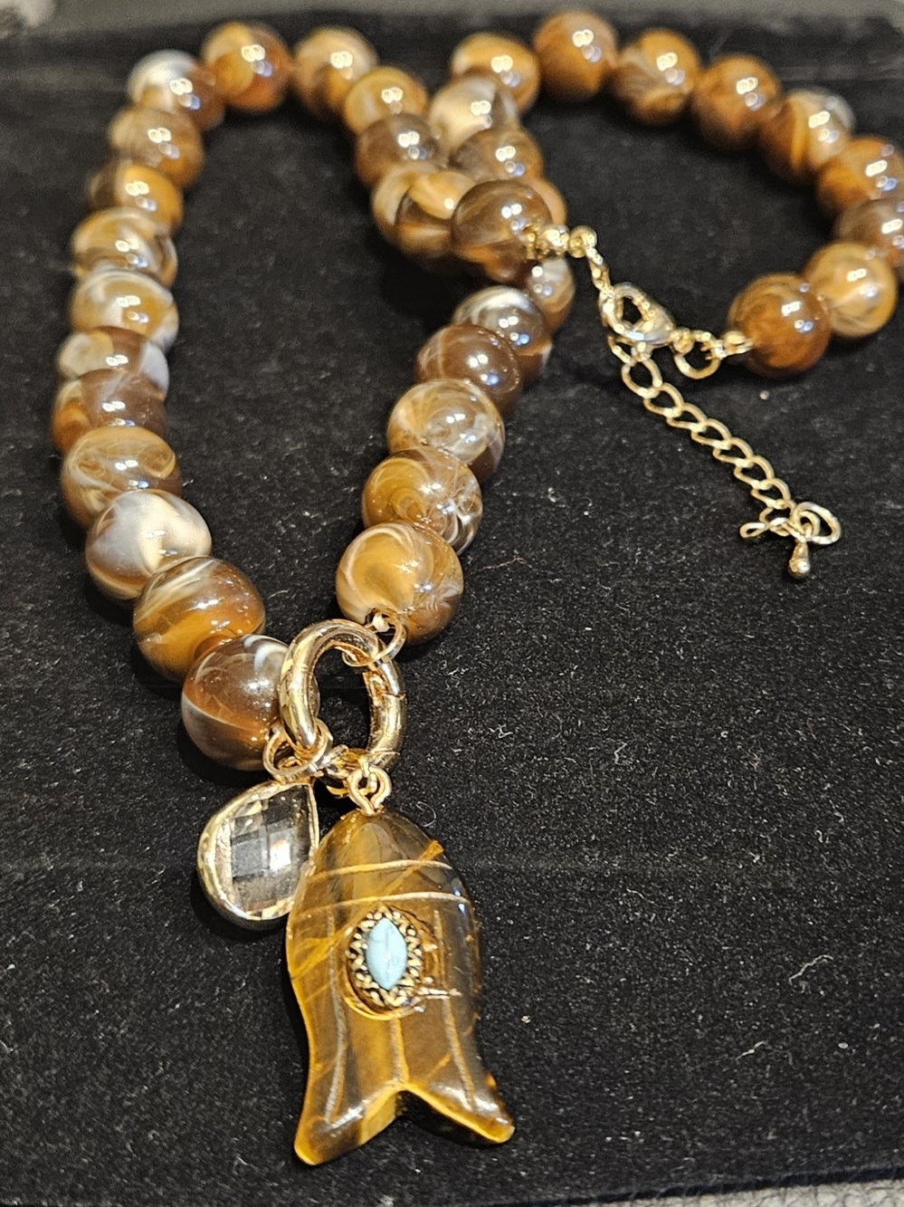 Brown Agate Beaded Necklace with Amber Pendant and Turquoise Accent